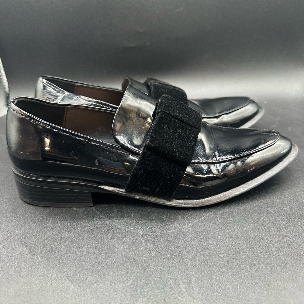 Zara Faux Black Patent Leather Velvet Bow Loafers Shoes Womens Size 7.5 EU 38